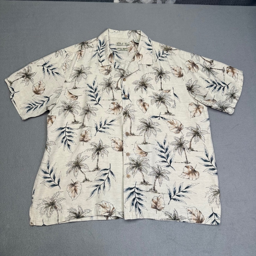 Batik Bay 100% Silk Tropical Palm Tree Camp Shirt Short Sleeve Cream Mens XL